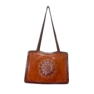 Vintage Brown Leather Tote Shoulder Bag 3D Design Zip Closure